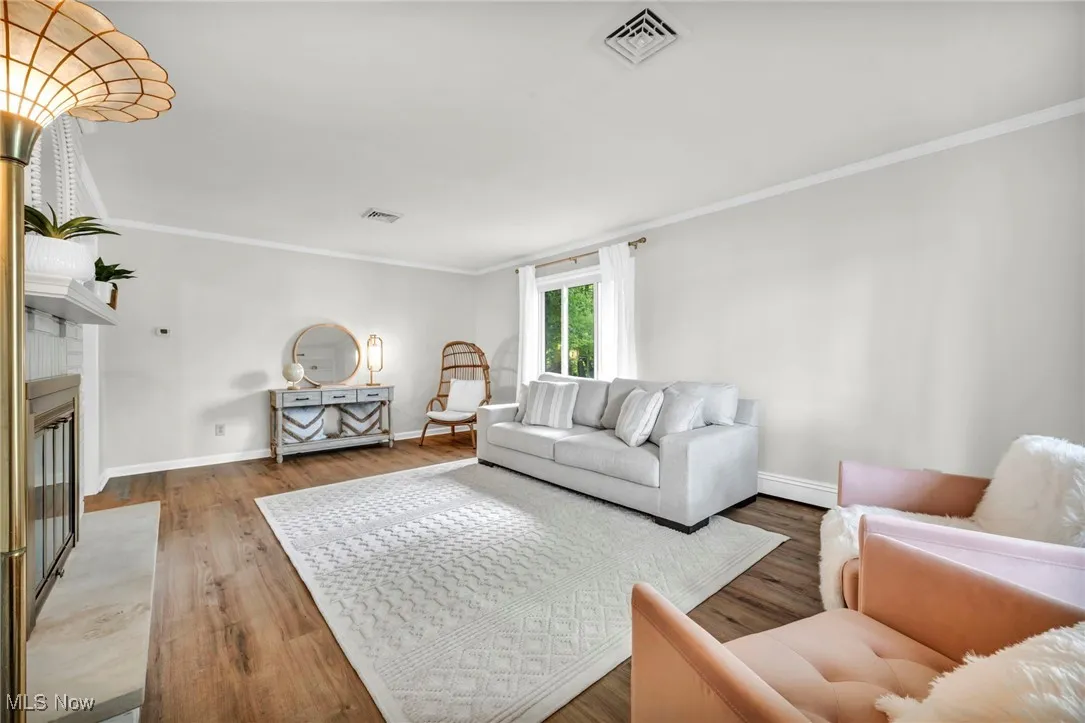 Living area with crown molding, wood finished floors, and a glass covered fireplace