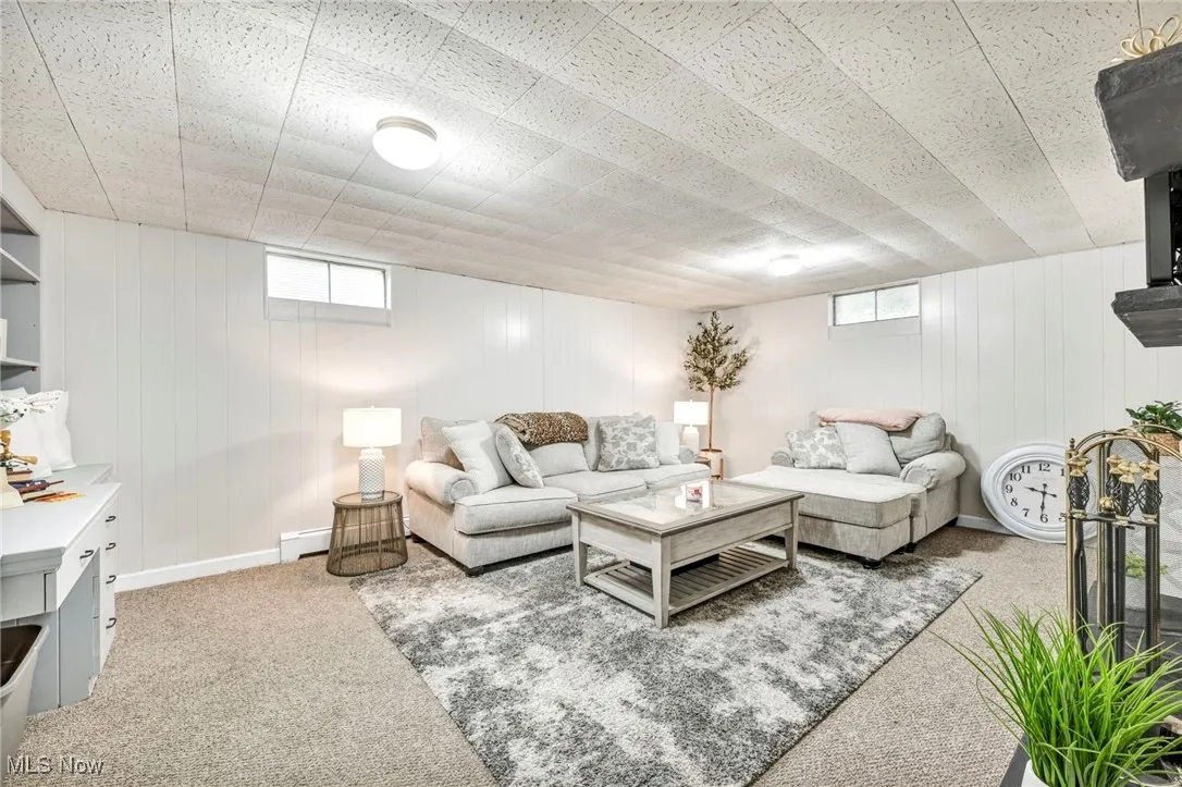 Living area featuring light colored carpet, wooden walls, and baseboard heating