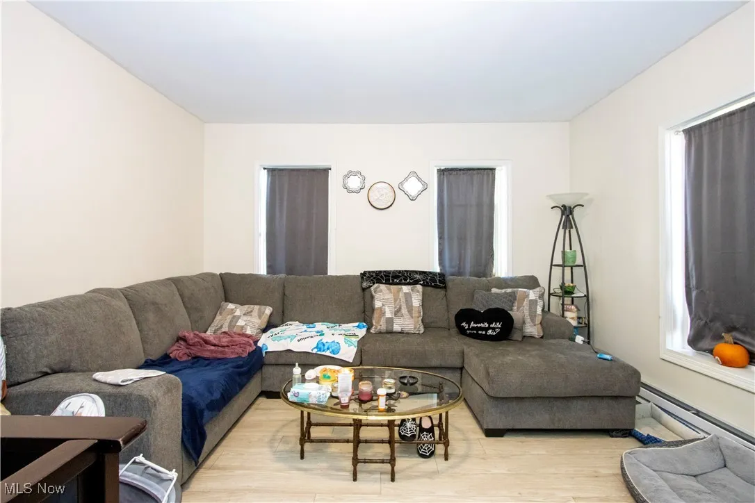 Living area with wood finished floors and a baseboard radiator
