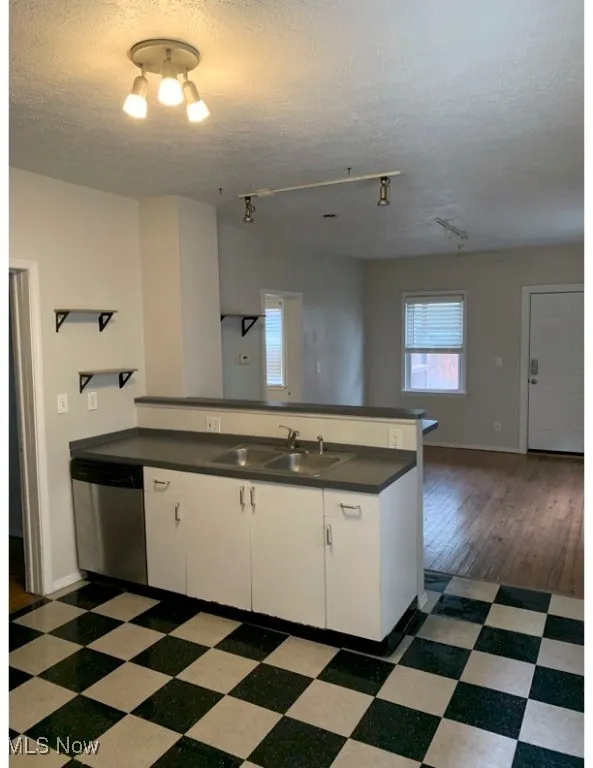 Kitchen with white cabinets, dark floors, dark countertops, open floor plan, and dishwasher