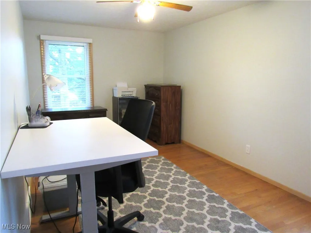 Office space featuring light wood finished floors and ceiling fan