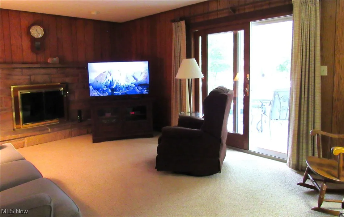 Carpeted living room featuring wood walls and a glass covered fireplace