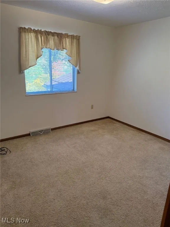 Unfurnished room featuring light colored carpet and a textured ceiling