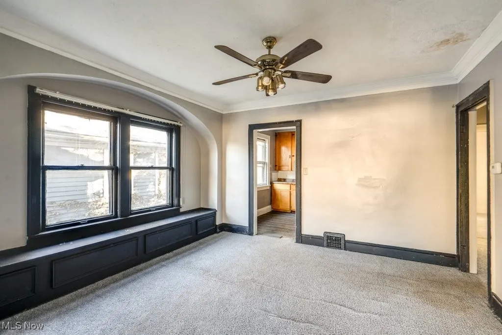 Spare room with ornamental molding, carpet, and a ceiling fan