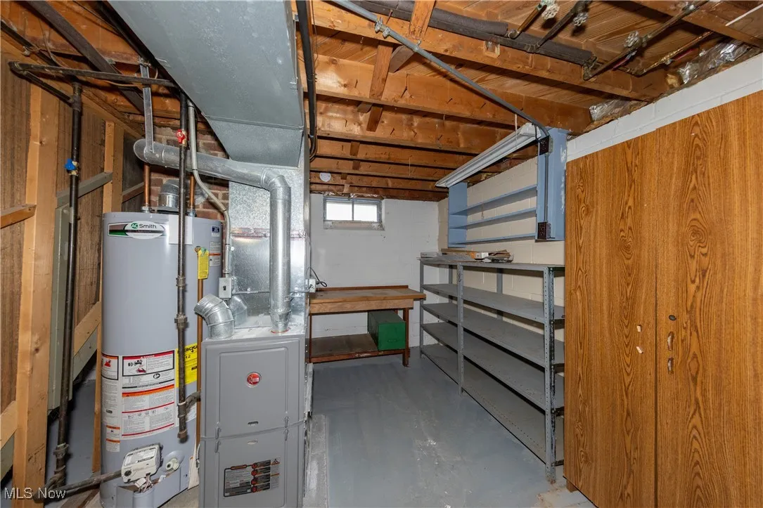 Basement featuring gas water heater and heating unit