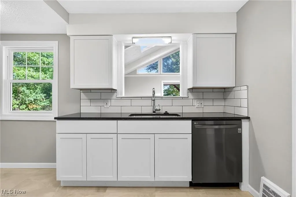 Kitchen featuring tasteful backsplash, dishwasher, and white cabinetry