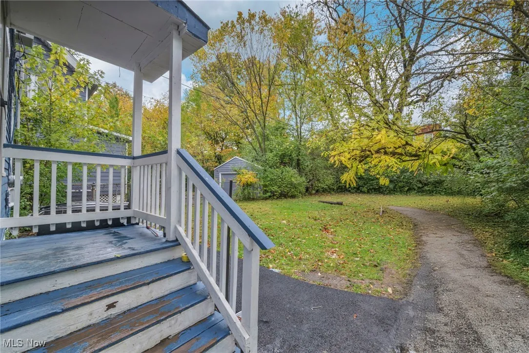 View of green lawn with a storage shed