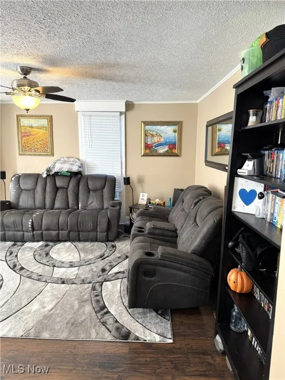 Living area with a textured ceiling, wood finished floors, ornamental molding, and a ceiling fan