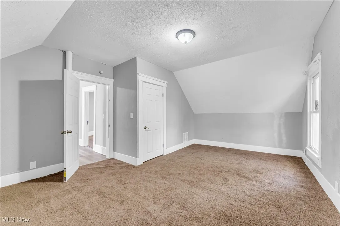 Bonus room featuring lofted ceiling, light colored carpet, and a textured ceiling