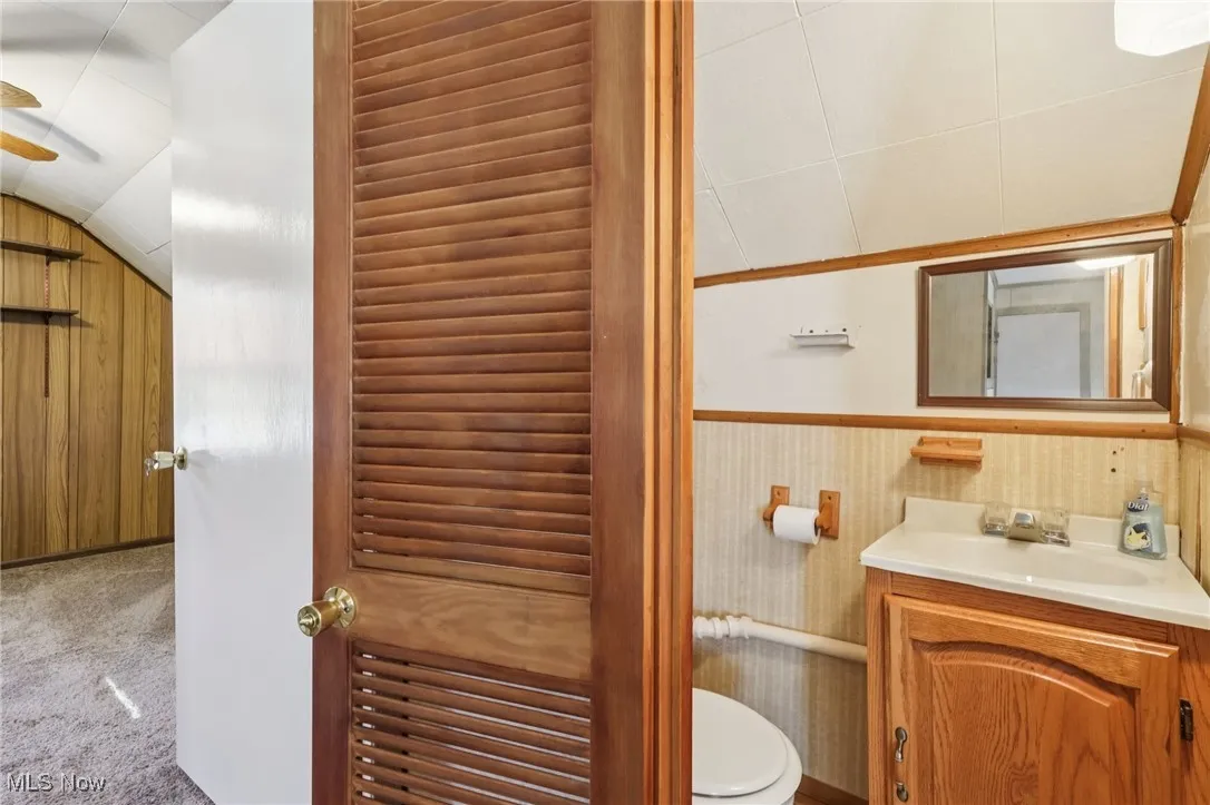 Half bath with vanity, wood walls, carpet flooring, and vaulted ceiling