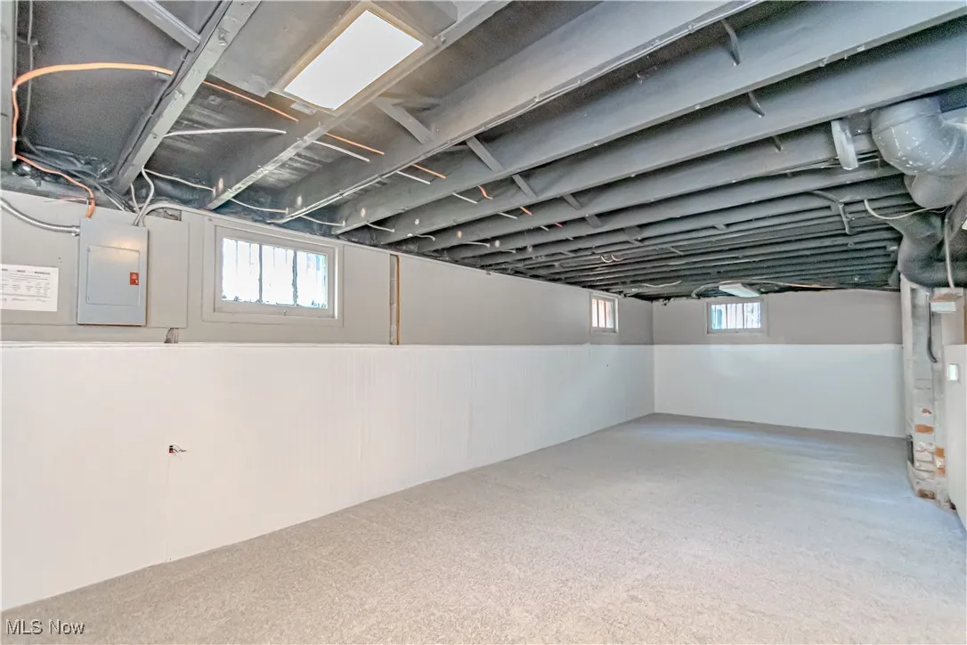 Basement featuring electric panel, carpet floors, and a wainscoted wall