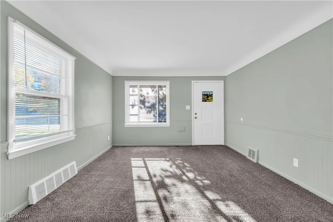 Entryway featuring carpet, wooden walls, and a wainscoted wall