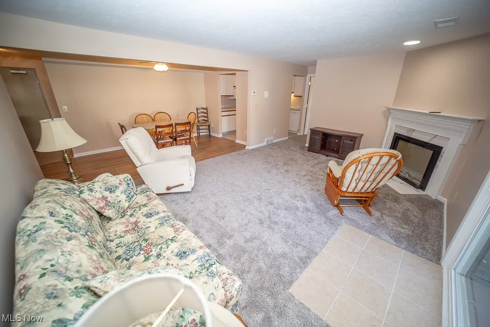 Carpeted living area featuring a premium fireplace and tile patterned floors