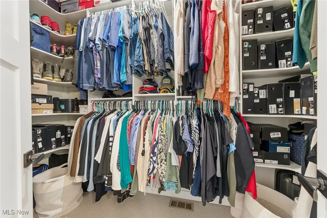 Primary bedroom walk in closet with carpet floors