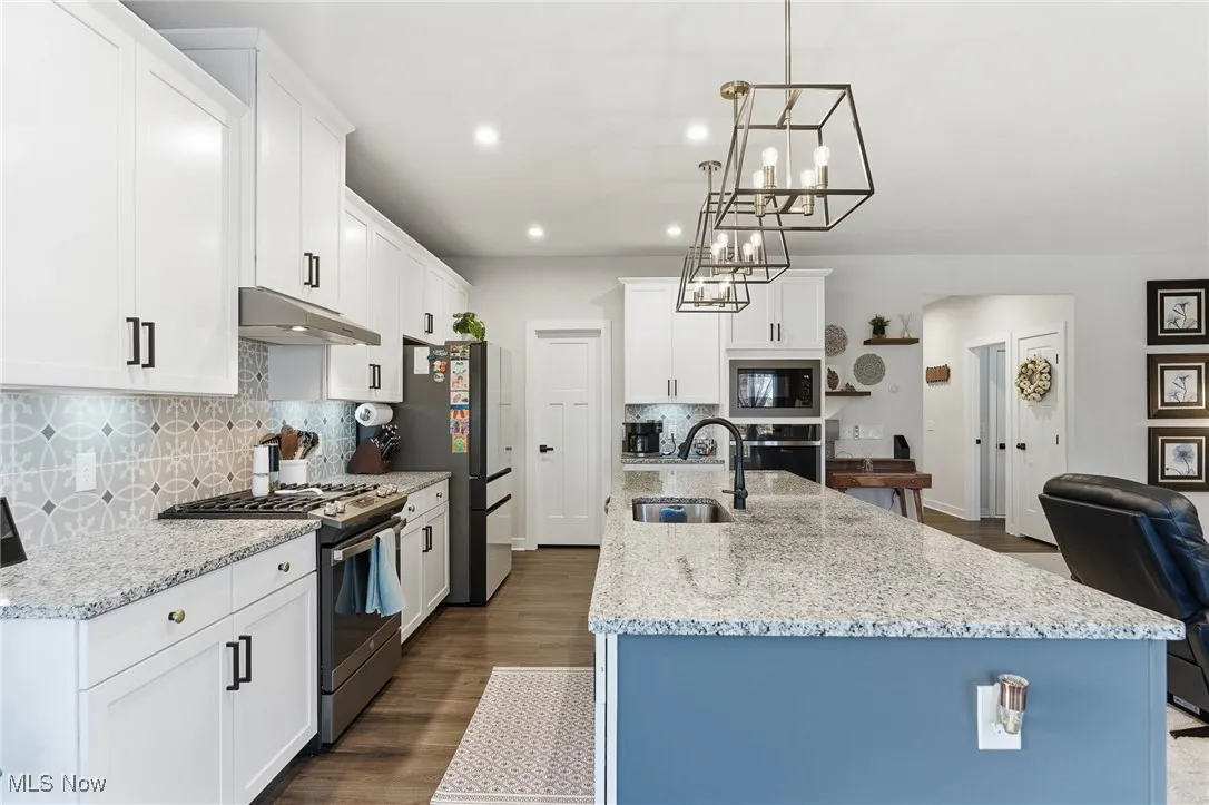 Kitchen with appliances with stainless steel finishes, backsplash, white cabinetry, dark wood-type flooring, and recessed lighting