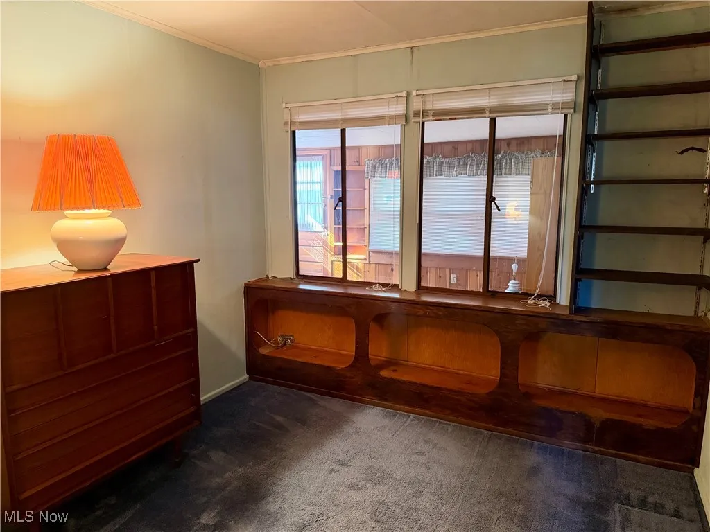 Unfurnished room featuring dark colored carpet and ornamental molding