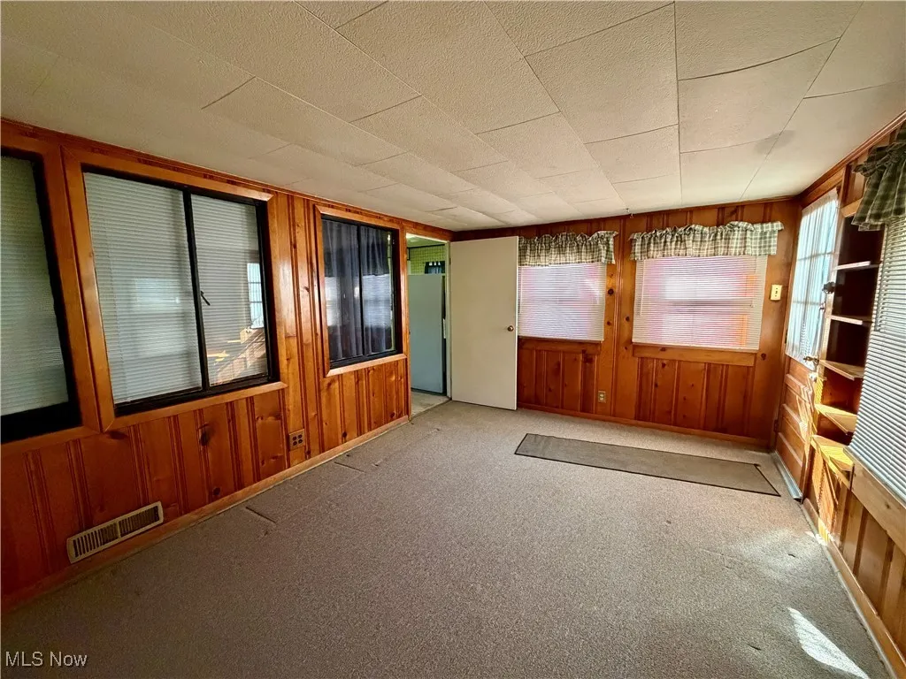 Carpeted spare room featuring wood walls
