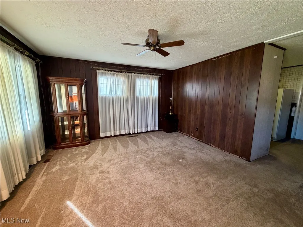 Unfurnished living room with light carpet, a textured ceiling, wood walls, and a ceiling fan