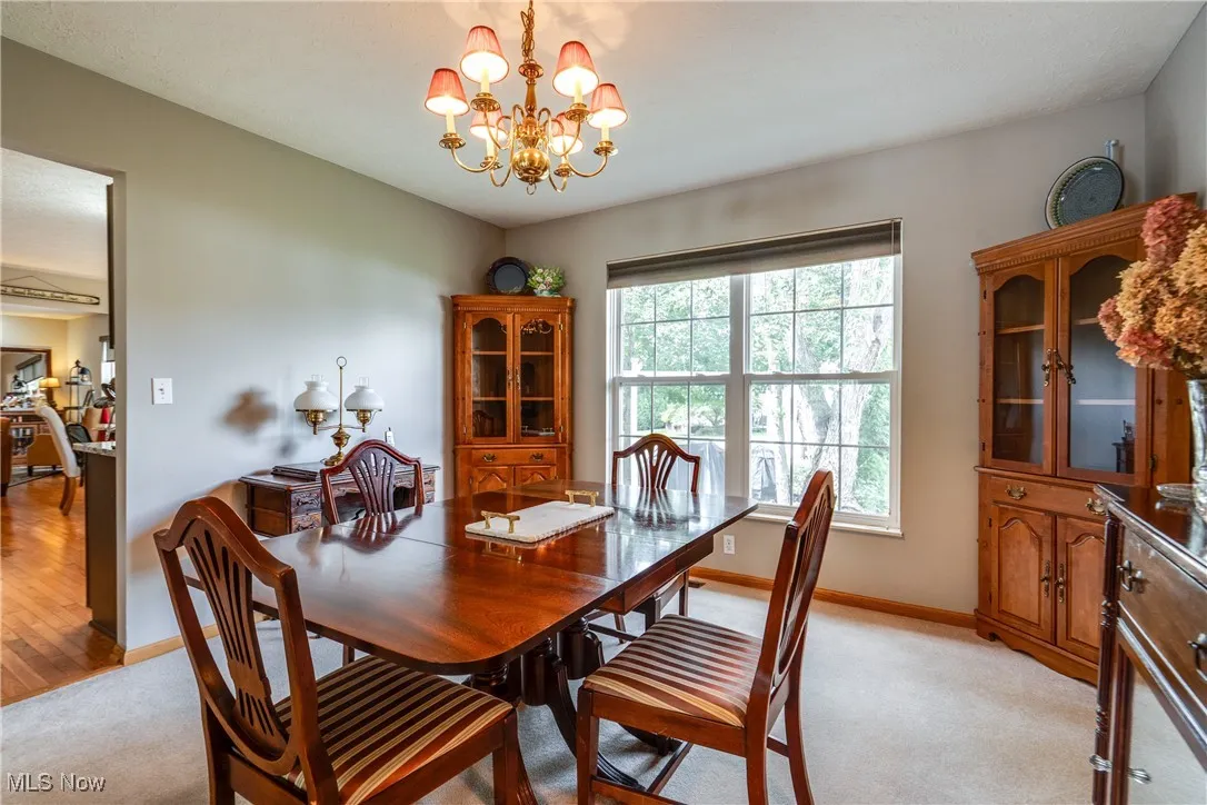 Dining room with light colored carpet and a chandelier