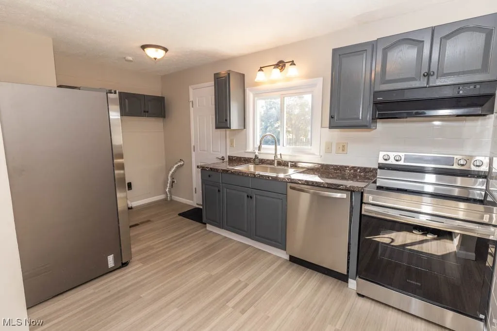 Kitchen with stainless steel appliances, gray cabinetry, under cabinet range hood, light wood-type flooring, and decorative backsplash