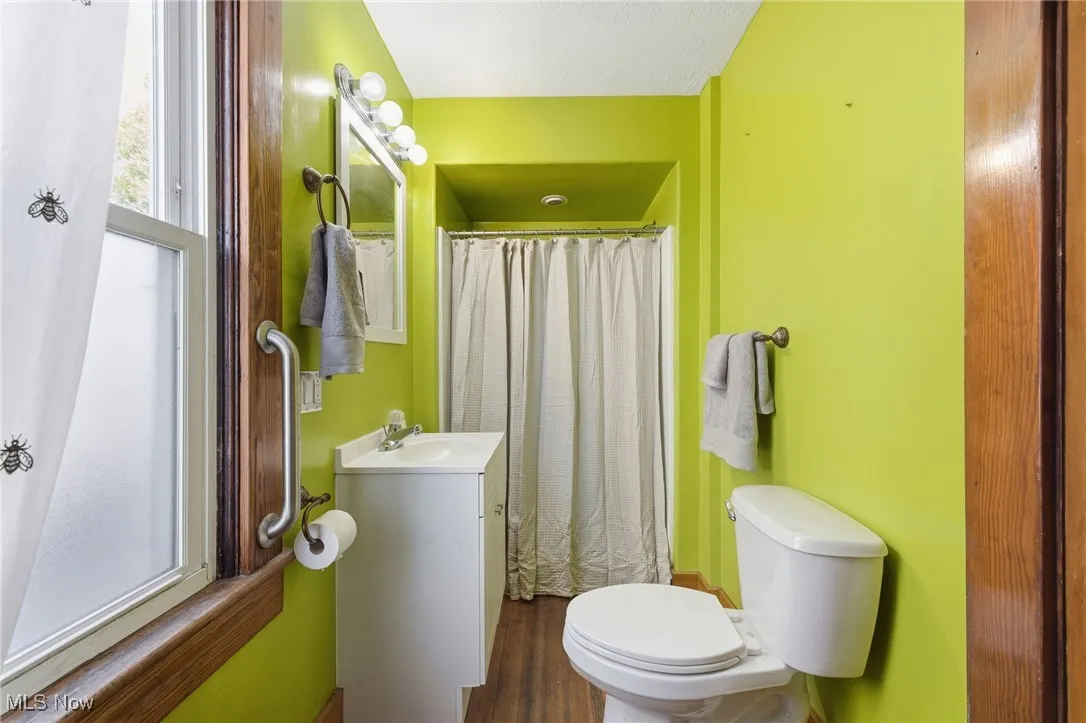 Bathroom with curtained shower, vanity, and dark wood-type flooring