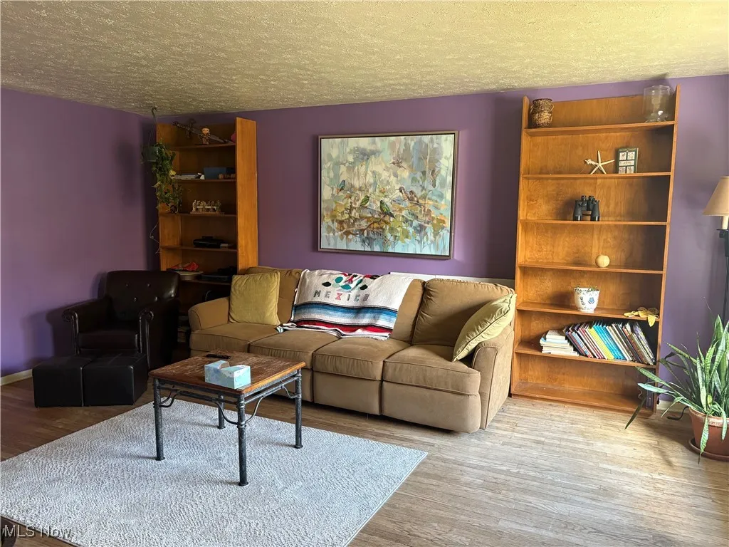 Living area with a textured ceiling and wood finished floors