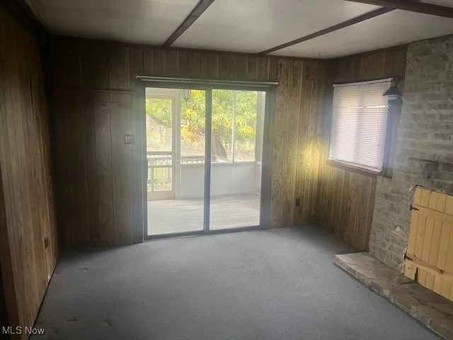 Unfurnished living room featuring carpet flooring, healthy amount of natural light, and wood walls