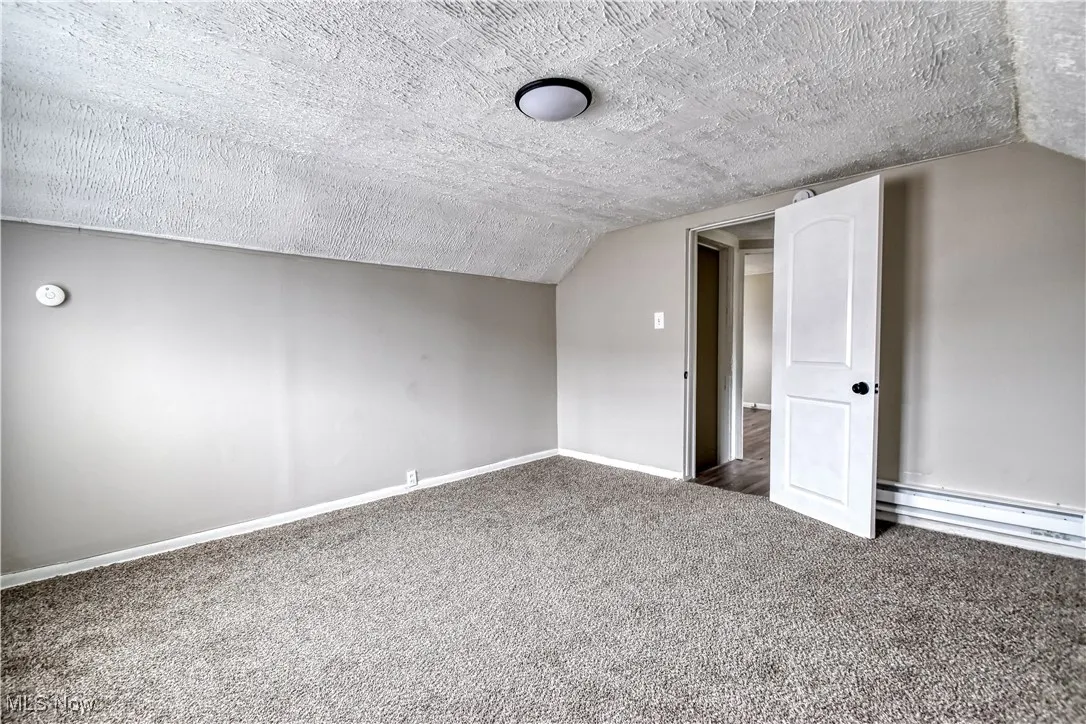 Bonus room with a textured ceiling, lofted ceiling, carpet flooring, and baseboard heating