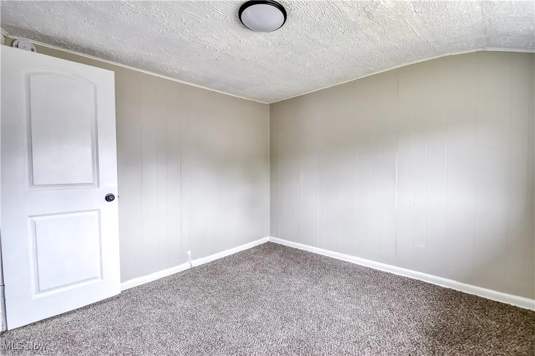 Carpeted spare room with a textured ceiling and wooden walls