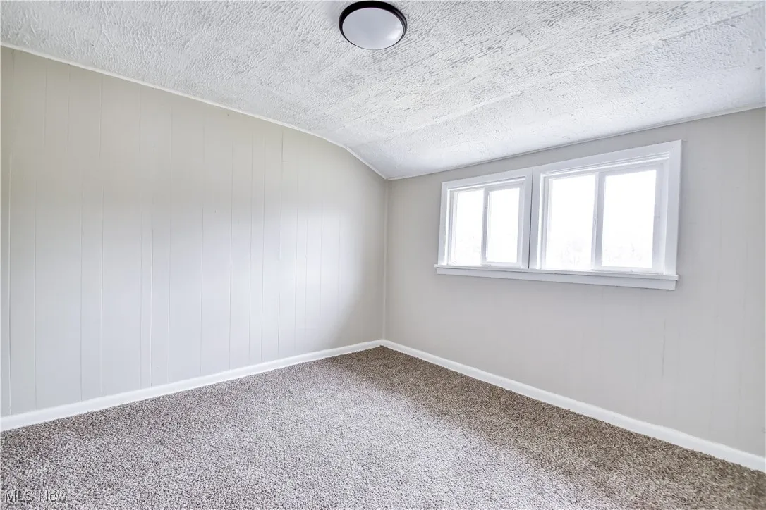 Unfurnished room featuring a textured ceiling, vaulted ceiling, carpet floors, and wood walls