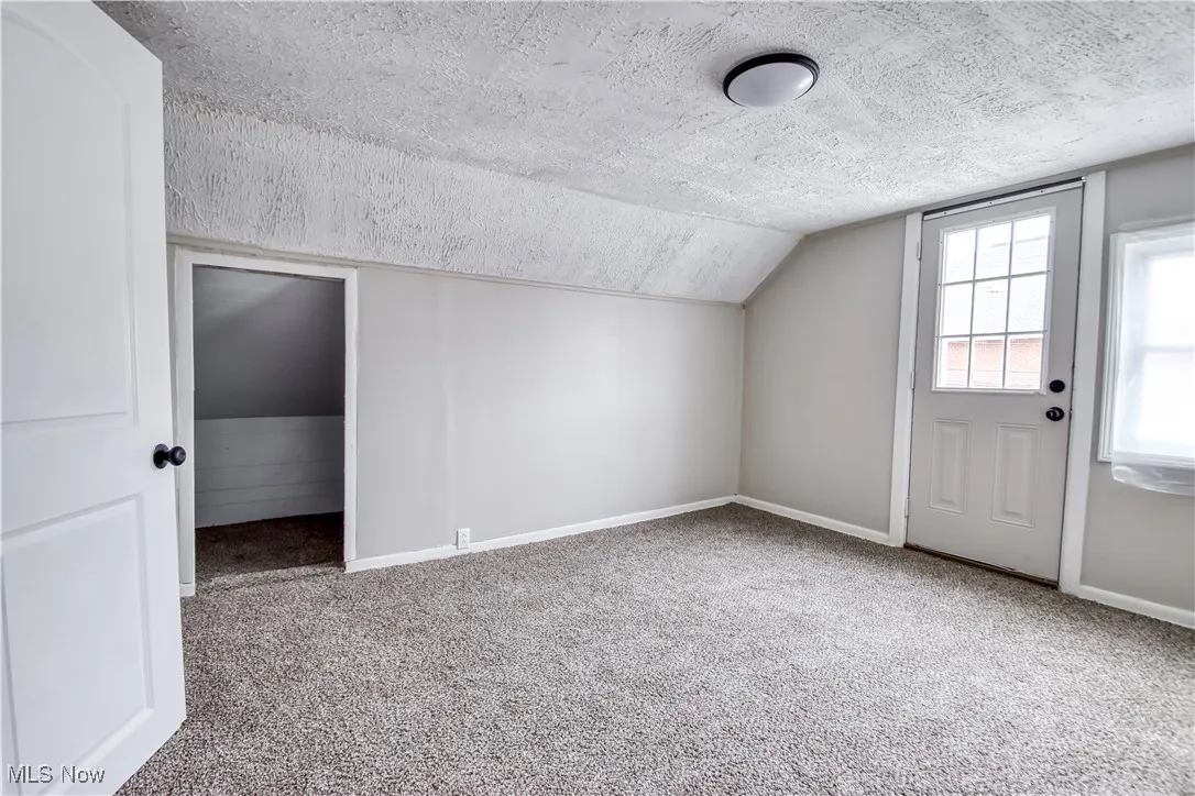 Additional living space with light colored carpet, a textured ceiling, and lofted ceiling