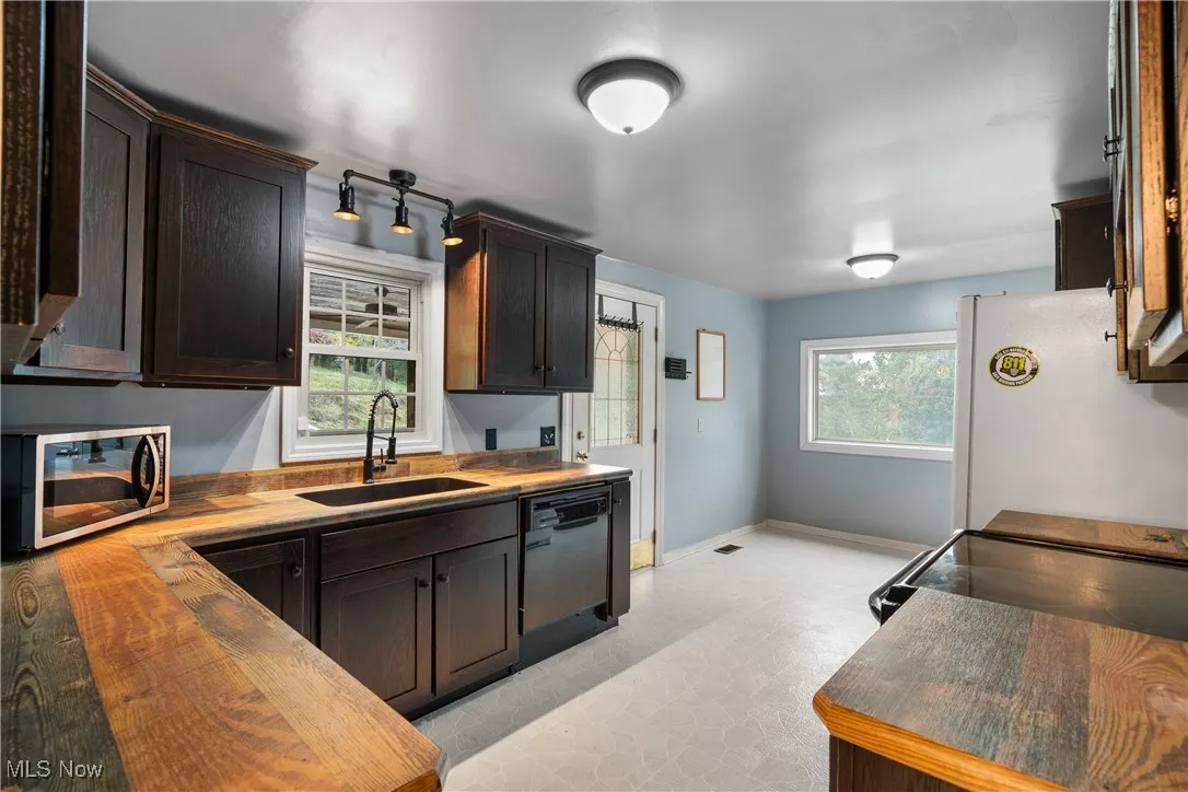 Kitchen featuring wood counters, dark brown cabinets, and healthy amount of natural light
