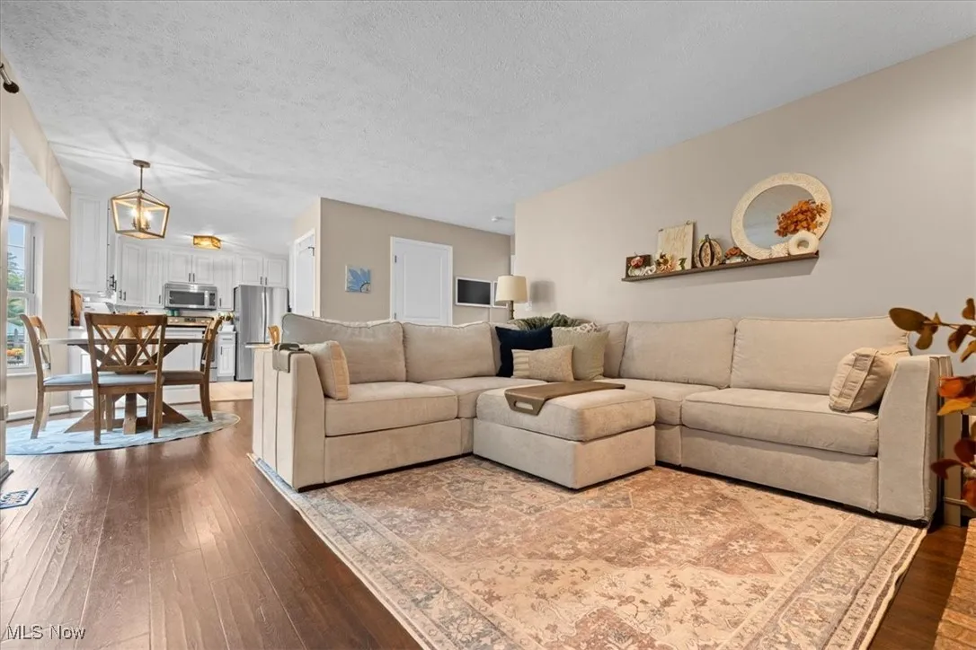 Living room with dark wood-style flooring and a textured ceiling