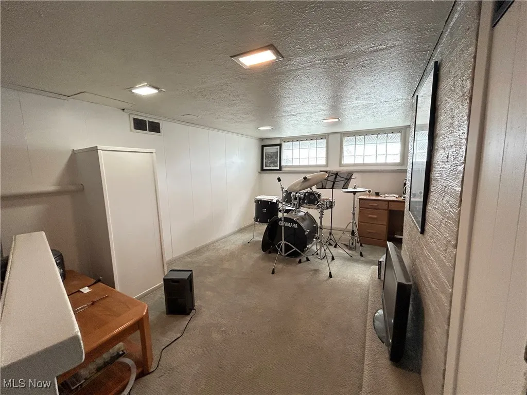 Carpeted office space in basement featuring a textured ceiling and wood walls