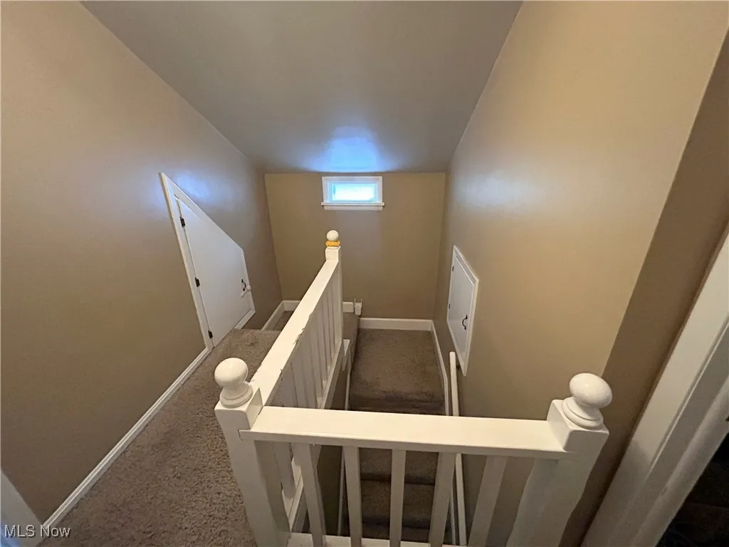 Staircase with carpet and baseboards