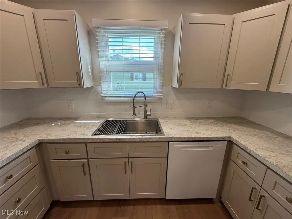 Kitchen with dishwasher, dark wood-type flooring, decorative backsplash, and light stone countertops