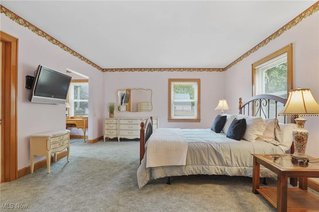 Carpeted bedroom with multiple windows