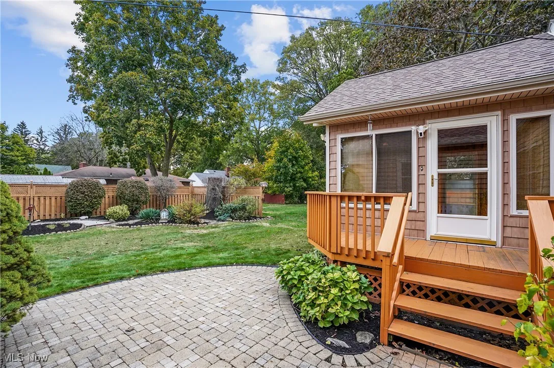 Fenced backyard featuring a deck