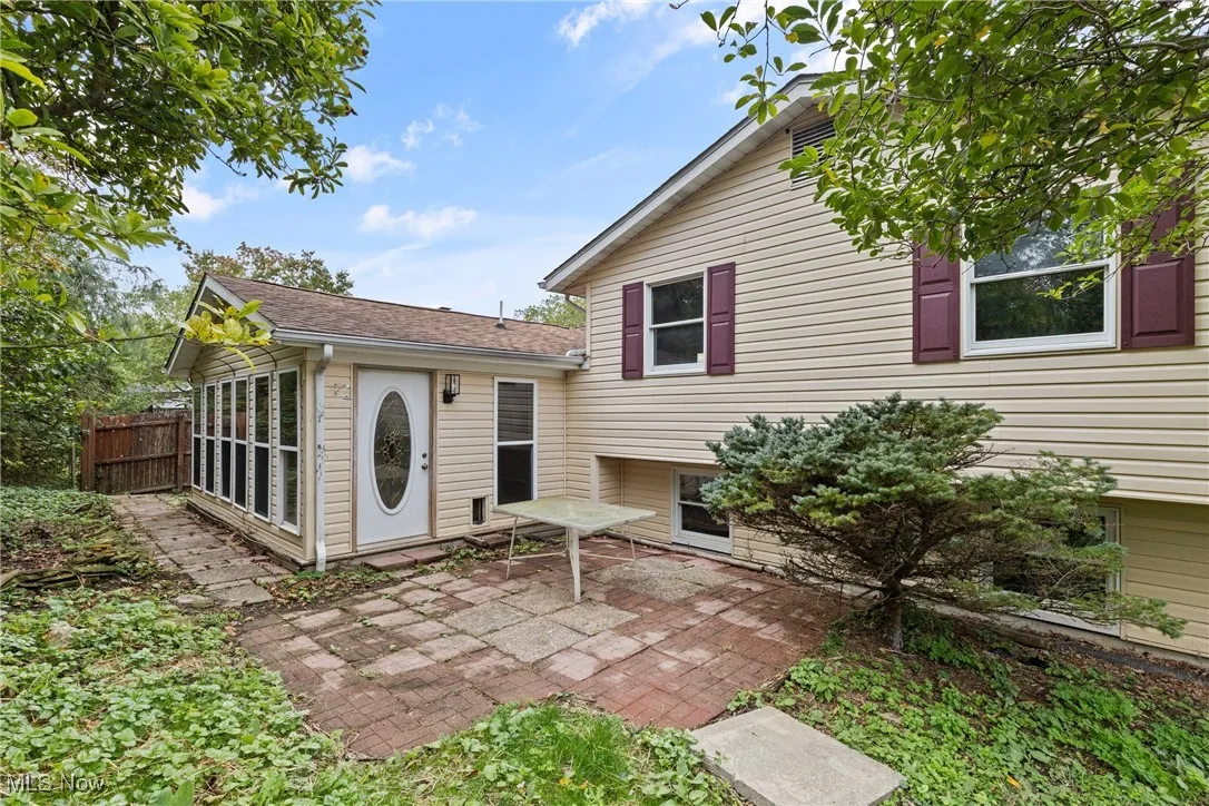 Rear view of property with a patio and roof with shingles