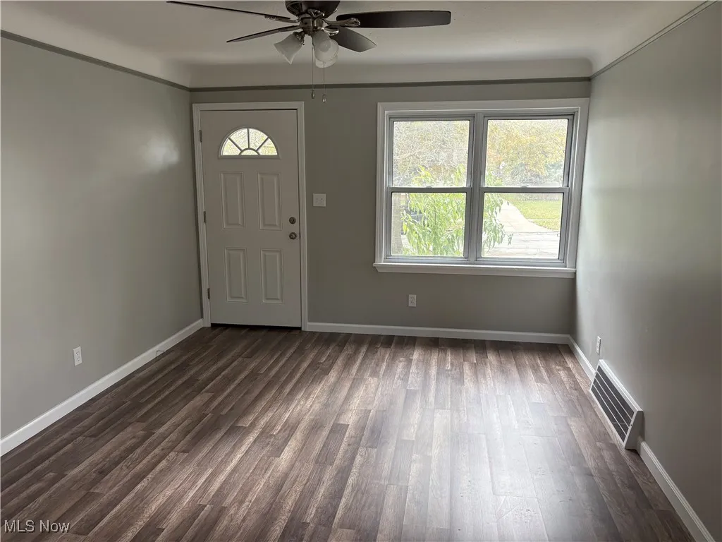 Foyer with healthy amount of natural light, dark wood-style flooring, and ceiling fan