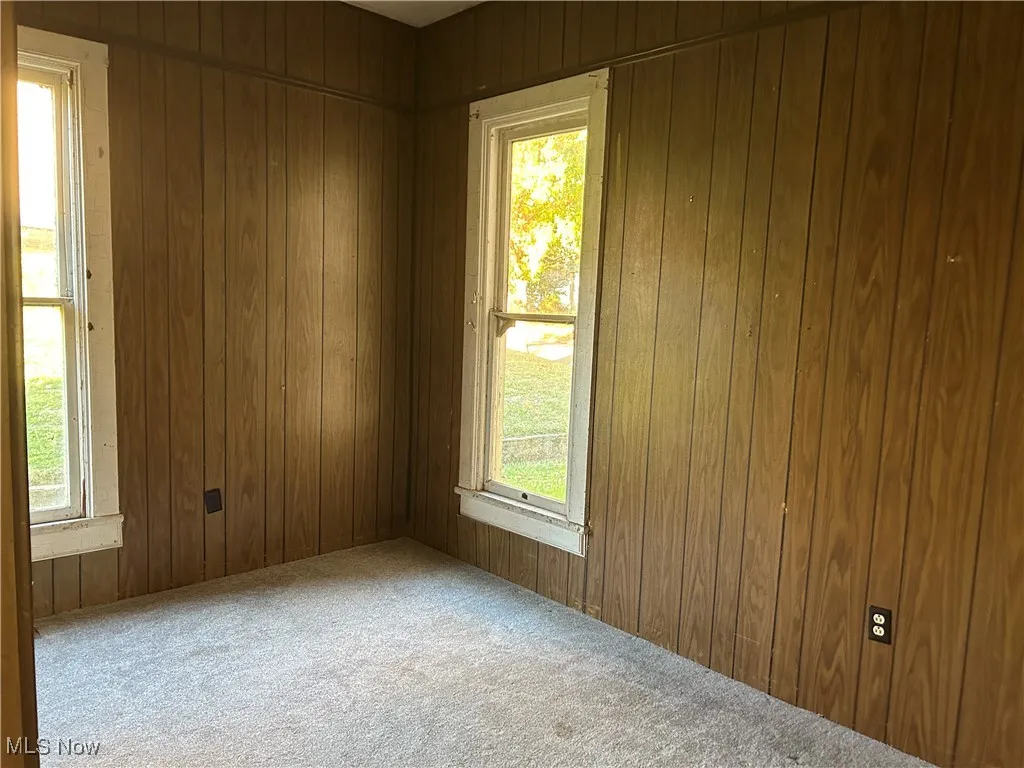 Carpeted empty room featuring wooden walls