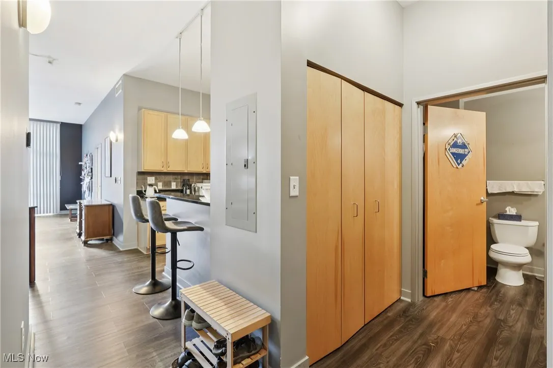 Hall featuring electric panel and dark wood finished floors