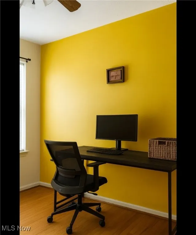 Office featuring light wood-style floors and ceilingr fan