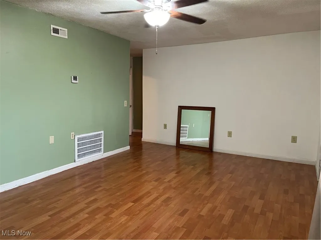Living room, dark flooring and ceiling fan.