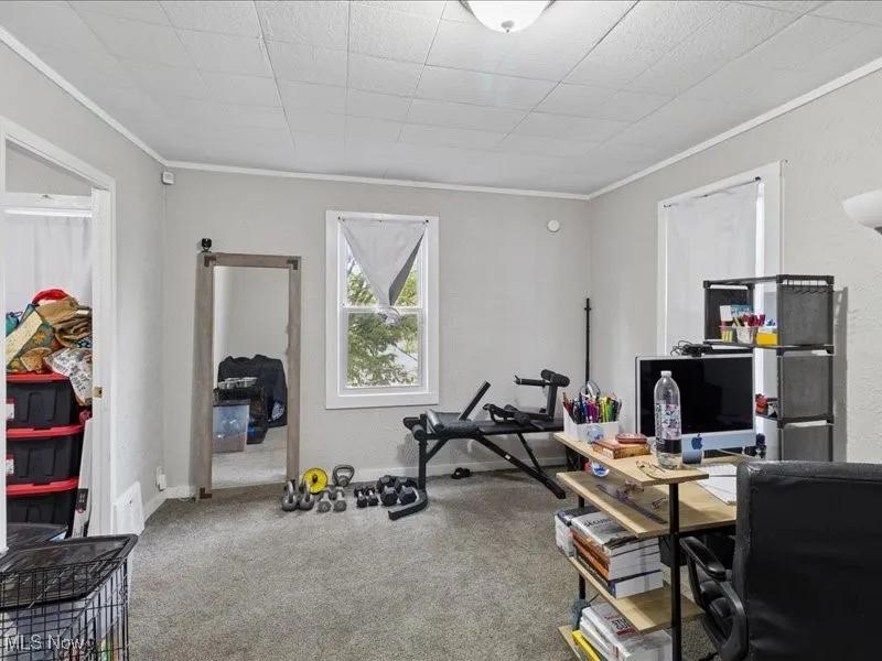 Carpeted office with crown molding