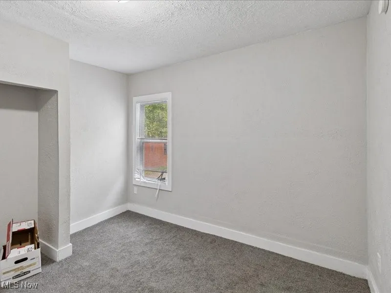Carpeted empty room featuring a textured wall and a textured ceiling