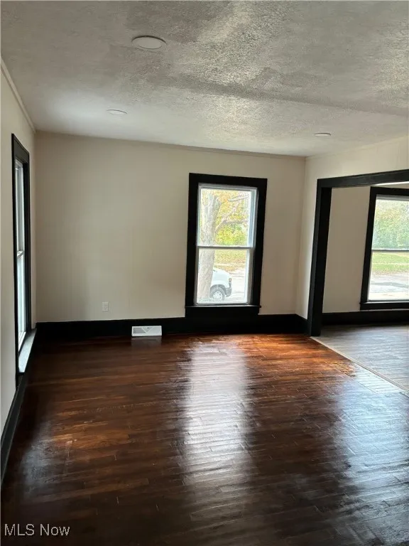 Empty room with healthy amount of natural light, dark wood finished floors, and a textured ceiling