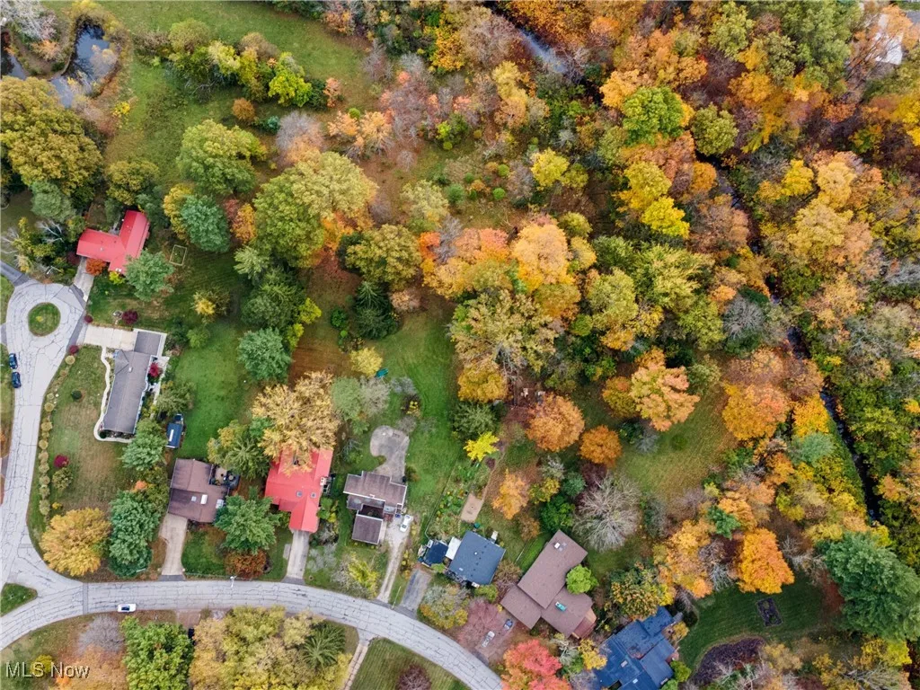 Aerial view of home showing location of the home with respect to Plum Creek.