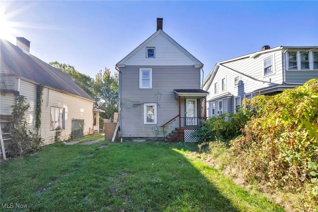 Rear view of house with a lawn and a chimney