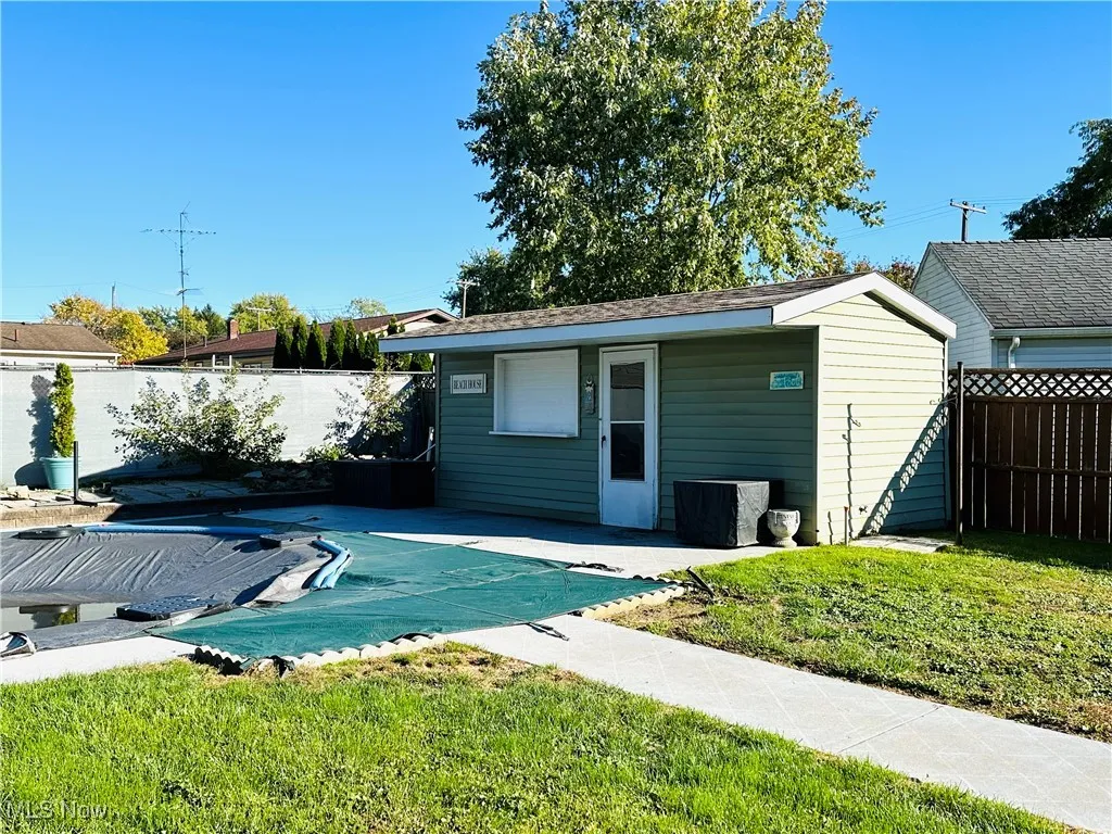 View of outdoor structure with a fenced backyard